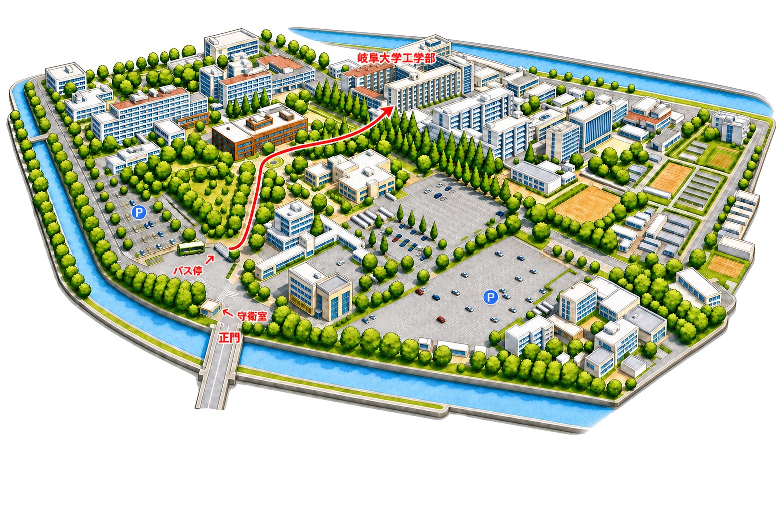 岐阜大学バス停、正門、守衛室、構内駐車場から工学部までの案内図