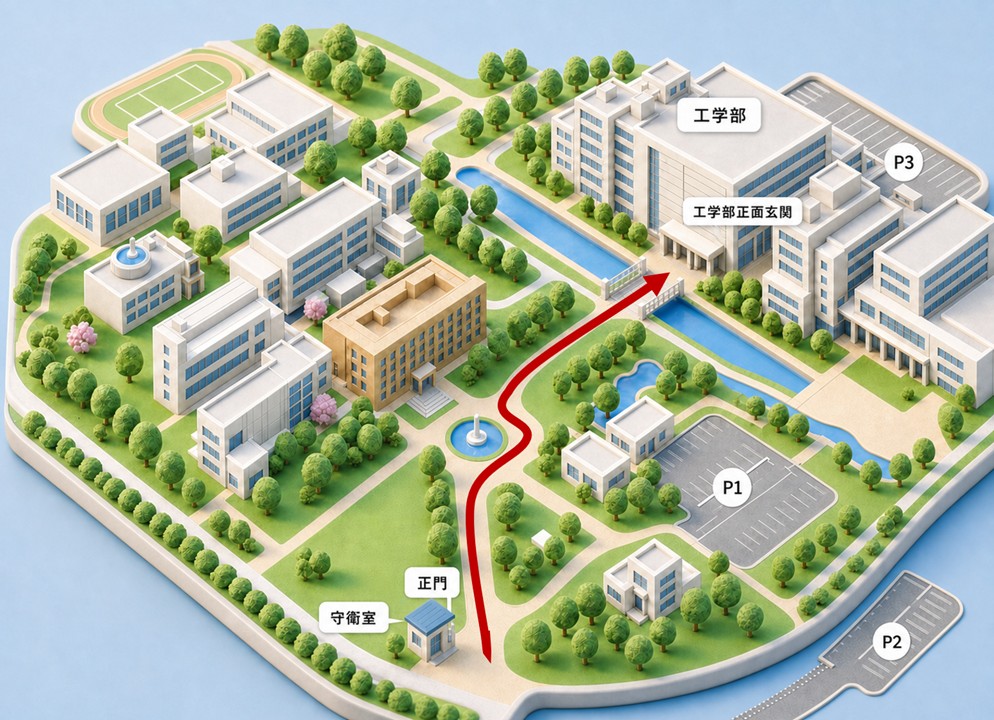 岐阜大学バス停から丸池、橋を経由し、工学部正面玄関まで進む案内図